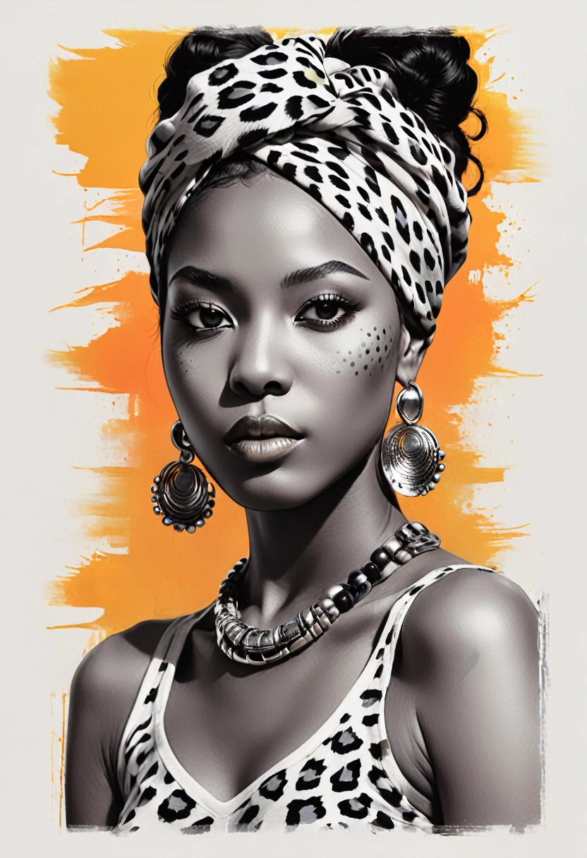 Desenhe uma camiseta com uma ilustração de fantasia de uma mulher africana com turbante de pele de leopardo. (Retrato de meio corpo) Combine um desenho detalhado em preto e branco com vibrante, elementos de fantasia digital coloridos fundo de leopardo. Inspire-se nos estilos intrincados e dinâmicos de Dan Mumford, Junko Mizuno, e Frank Frazetta.espaço negativo