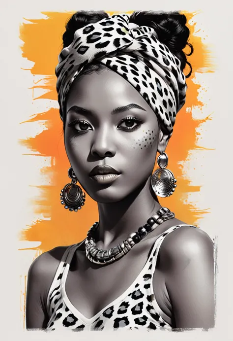 Design a t-shirt featuring a fantasy  illustration of an african woman with head wrap leopard skin. (half body portrait) Combine...