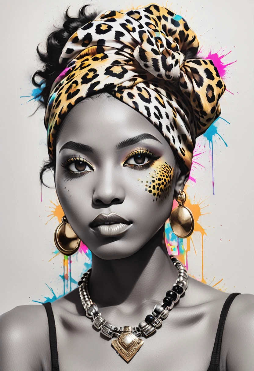 Desenhe uma camiseta com uma ilustração de fantasia de uma mulher africana com turbante de pele de leopardo. (Retrato de meio corpo) Combine um desenho detalhado em preto e branco com vibrante, elementos de fantasia digital coloridos fundo de leopardo. Inspire-se nos estilos intrincados e dinâmicos de Dan Mumford, Junko Mizuno, e Frank Frazetta.espaço negativo