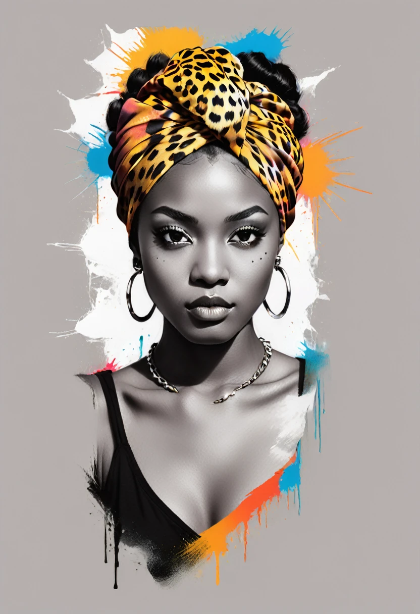 Design a t-shirt featuring a fantasy  illustration of an african woman with head wrap leopard skin. (half body portrait) Combine a detailed black and white drawing with vibrant, colorful digital fantasy elements leopard background. Draw inspiration from the intricate and dynamic styles of Dan Mumford, junko mizuno, and Frank Frazetta.negative space