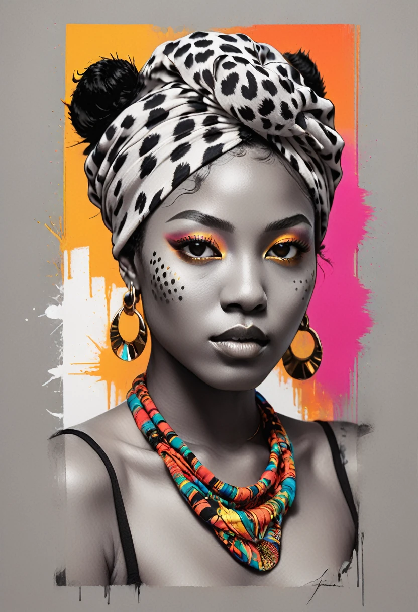 Design a t-shirt featuring a fantasy  illustration of an african woman with head wrap leopard skin. (half body portrait) Combine a detailed black and white drawing with vibrant, colorful digital fantasy elements leopard background. Draw inspiration from the intricate and dynamic styles of Dan Mumford, junko mizuno, and Frank Frazetta.negative space