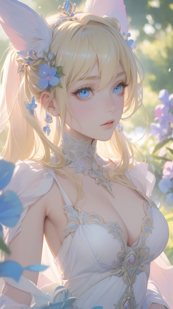 work of art, ultra creative, epic details, ultra detaild, best resolution, Woman, archer, blonde, (Beautiful nymph), (crown with pink and blue flowers), sculptural body, (clothes made with green leaves), ((perfect hands))), scenario:Enchanted Forest),  no mistakes, (((epic details na face))), (((ultra perfect eyes)))