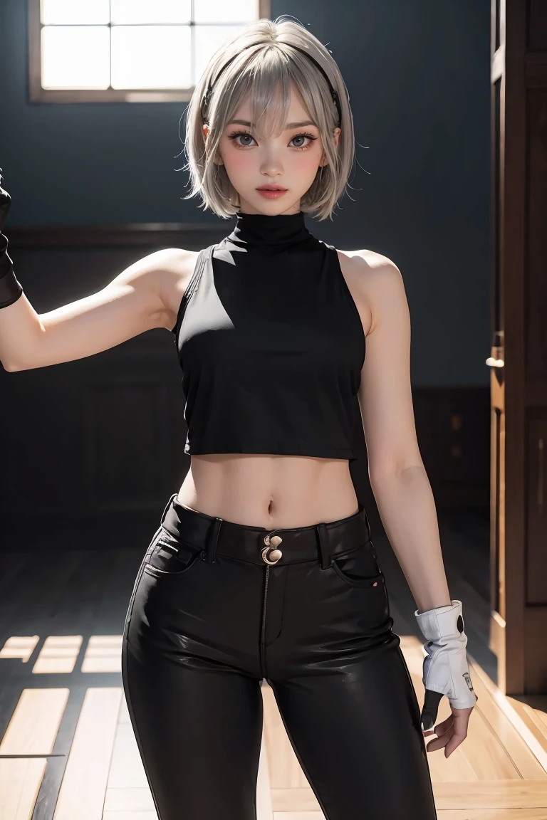 masterpiece, best quality,alhaitham(genshin impact), 1girl, female focus, shirt, solo, gloves, sleeveless shirt, grey hair, green eyes, sleeveless, ahoge, black shirt, bangs, hair over one eye, black gloves, indoors, sanctuary, fingerless gloves, black pants, pants, swept bangs, boots, bare shoulders, short hair, elbow gloves,(kbxll:0.6), open hands, muscles