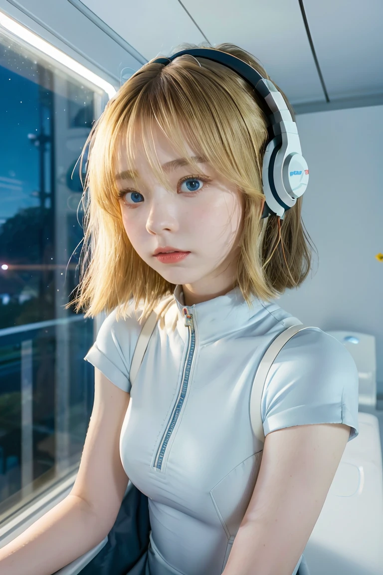 (Overhead view),dynamic angle,ultra-detailed, illustration, close-up, straight on, 1girl, 
 ((souryuu asuka langley, interface headset, red bodysuit:1.4, blonde)),Her eyes shone like dreamy stars,(glowing eyes:1.233),(beautiful and detailed eyes:1.1),(expressionless,closed mouth),(standing), 
(mechanic room with toolsand spaceship windowin a white SPACESHIP),
(night:1.2),dreamy, [[delicate fingers and hands:0.55]::0.85],(detail fingers),