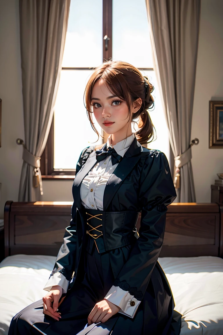 1girl, Masterpiece, best quality, (very detailed CG unified 8k wallpaper), (best quality), (best illustration), (best shadow), (Stable Diffusion Model), violet evergarden, shimmering, beautiful, victorian style bedroom, dynamic lighting, depth of field