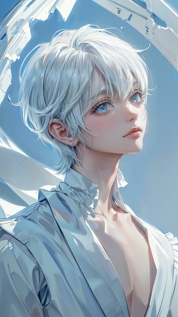 ((4K works))、​masterpiece、(top-quality)、One beautiful boy、Slim body、tall、((White ruffled shirt with bare chest))、(Detailed beautiful eyes with tears)、Tranquility Lake, ((Short-haired white hair))、((Smaller face))、((Neutral face))、((Bright blue eyes))、((Like a celebrity))、((Crying expression))、((sad look))、((Korean Makeup))、((elongated and sharp eyes))、((Happy dating))、((boyish))、((Upper body photography))、Professional Photos、((Shot alone))、((He is looking up at the sky under the roof))、((Shot from the side))、((Face crying in pain))、((He is looking upwards))、((His eyes are looking down))、
