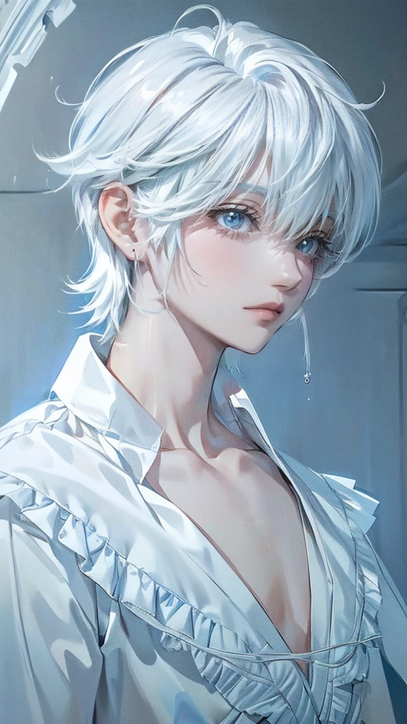 ((4K works))、​masterpiece、(top-quality)、One beautiful boy、Slim body、tall、((White ruffled shirt with bare chest))、(Detailed beautiful eyes with tears)、Tranquility Lake, ((Short-haired white hair))、((Smaller face))、((Neutral face))、((Bright blue eyes))、((Like a celebrity))、((Crying expression))、((sad look))、((Korean Makeup))、((elongated and sharp eyes))、((Happy dating))、((boyish))、((Upper body photography))、Professional Photos、((Shot alone))、((He is looking up at the sky under the roof))、((Shot from the side))、((Face crying in pain))、((He is looking upwards))、((His eyes are looking down))、
