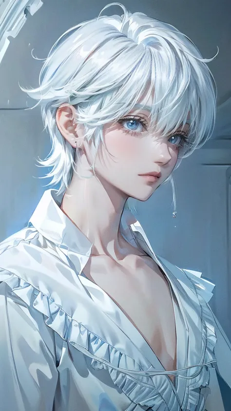 ((4K works))、​masterpiece、(top-quality)、One beautiful boy、Slim body、tall、((White ruffled shirt with bare chest))、(Detailed beaut...