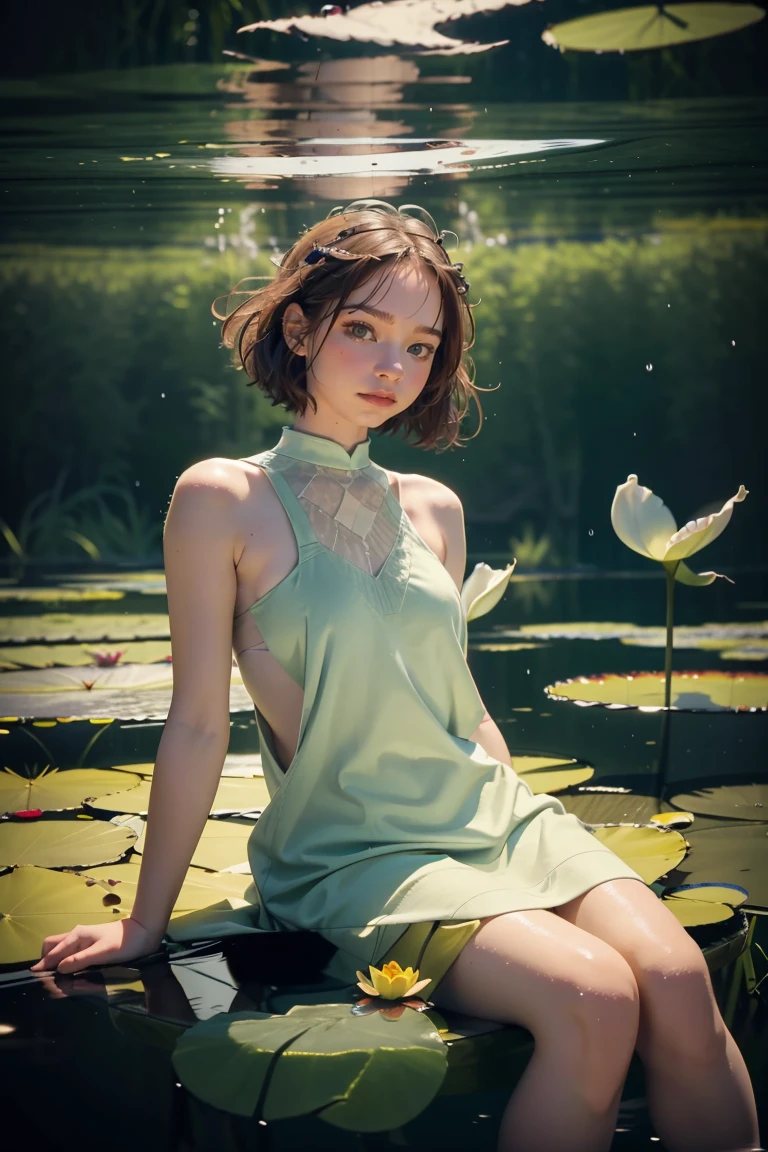a woman in a pond with lily pads in the water, in a pond, standing in a pond, floating in a powerful zen state, nymph in the water, sitting in a reflective pool, floathing underwater in a lake, sitting at a pond, in water up to her shoulders, the hair floats on the water, in a lake, in the water
