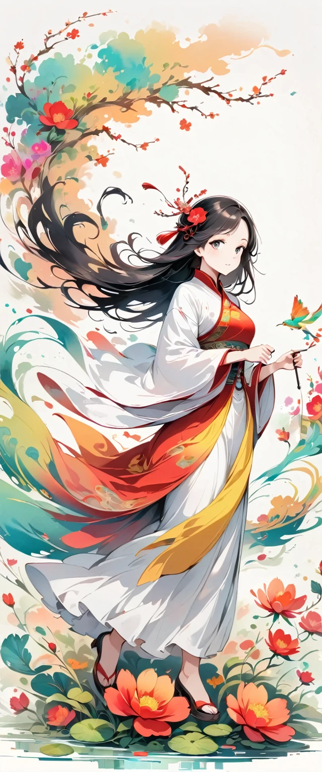 （Beautiful girl in white clothes），Full body standing，Wide sleeves，Big watery eyes，Beautiful face and smooth fair skin，Delicate face，Black long hair，Chinese Beauty，Dressed in ancient Chinese costumes，gossamer，rich and colorful，Bright and colorful，Vibrant digital illustrations，（Clean background），Ink painting style，Clean colors，Decisive cuts，A blank slate，masterpiece， Ultra-delicate，Epic Composition，high quality，Highest quality，4K