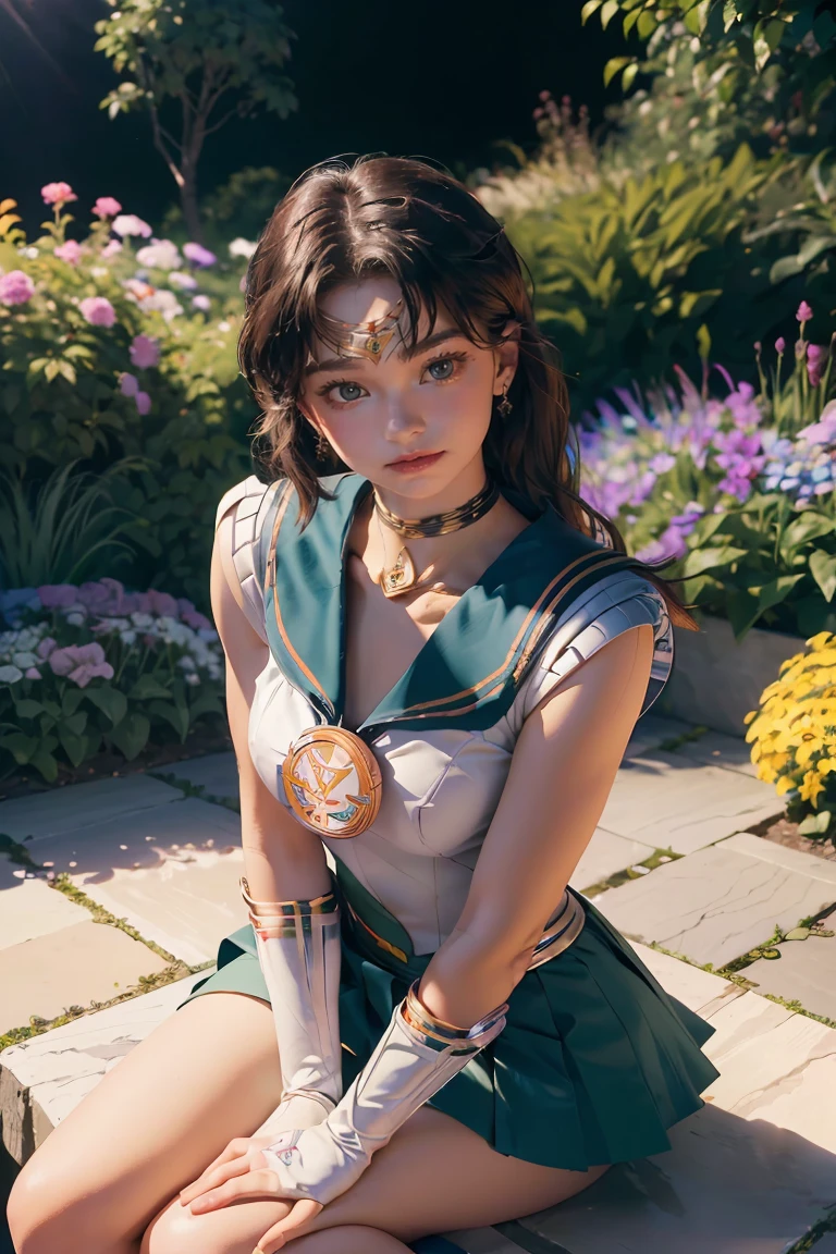 (Extreme Detail CG Unity 8K wallpaper, masterpiece, highest quality), (exquisite lighting and shadow, highly dramatic picture, cinematic lens effect), (Sailor Moon: 1.4), delicate facial features, charming smile, star eyes, ((dark green hair)), tight top, white gloves, mini skirt, dynamic pose, lying in the garden), (background in a garden full of flowers) (excellent detail, outstanding lighting, wide angle), (excellent rendering, enough to be proud of its kind),