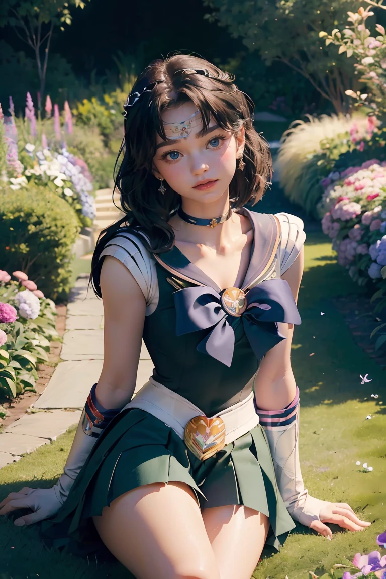 (Extreme Detail CG Unity 8K wallpaper, masterpiece, highest quality), (exquisite lighting and shadow, highly dramatic picture, cinematic lens effect), (Sailor Moon: 1.4), delicate facial features, charming smile, star eyes, ((dark green hair)), tight top, white gloves, mini skirt, dynamic pose, lying in the garden), (background in a garden full of flowers) (excellent detail, outstanding lighting, wide angle), (excellent rendering, enough to be proud of its kind),