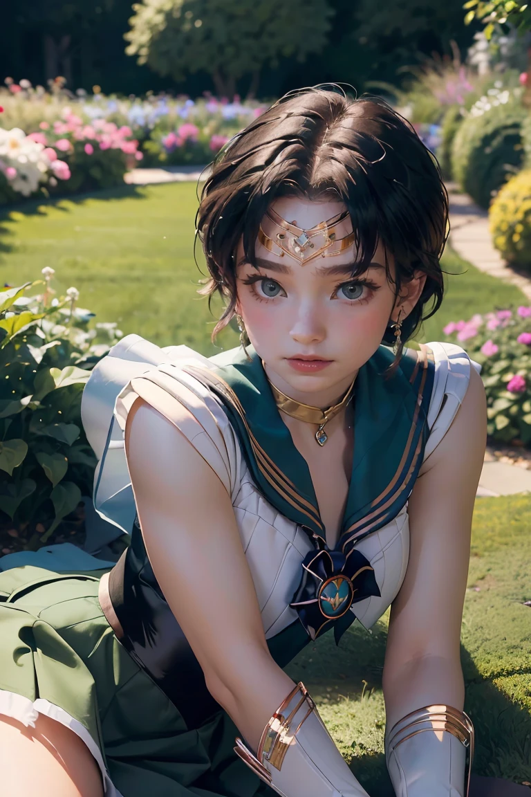 (极致细节 CG Unity 8K 壁纸, 杰作, 最好的质量), (精致的光影, 极具戏剧性的画面, 电影镜头效果), (美少女战士: 1.4), 精致的五官, 迷人的微笑, 星眼, ((深绿色的头发)), 紧顶, 白手套, 迷你裙, 动态姿势, 躺在花园里), (充满鲜花的花园背景) (出色的细节, 出色的照明, 广角), (出色的渲染, 足以为自己的同类感到自豪),