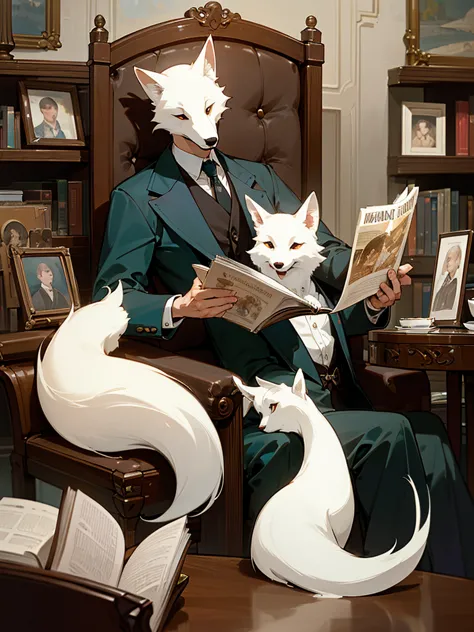 (Highest quality、High resolution、8K、masterpiece: 1.2)。
An anthropomorphic gentlemanly white fox reading a magazine in a second-h...