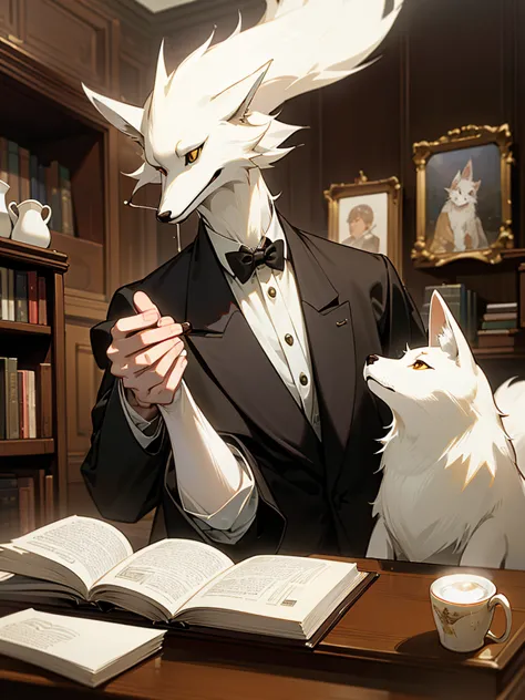 (Highest quality、High resolution、8K、masterpiece: 1.2)。
An anthropomorphic gentlemanly white fox reading a magazine in a second-h...
