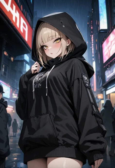 (highest quality, 4k, 8k, high resolution, masterpiece:1.2), very detailed, himiko toga、wearing a black hood、rainy dark night ci...