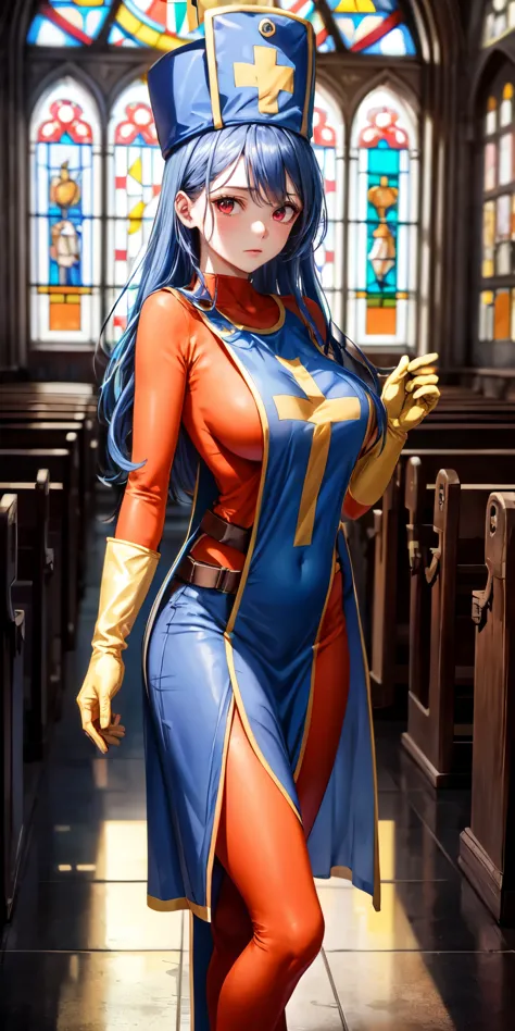 masterpiece, best quality, 4k, 8k, priest \(dq3\), 1girl, solo, long hair, blue hair, red eyes, mitre, tabard, cross print, oran...