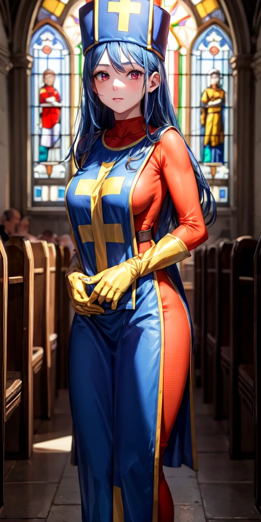 masterpiece, best quality, 4k, 8k, priest \(dq3\), 1girl, solo, long hair, blue hair, red eyes, mitre, tabard, cross print, orange bodysuit, elbow gloves, large breasts, praying, nature, church, Stained glass, holylight, cowboy shot, from front, look at viewer, standing