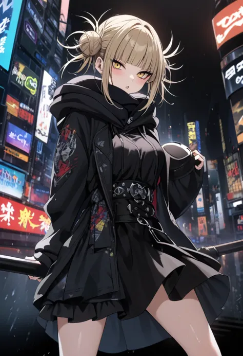 himiko toga、wearing a black hood、rainy dark night city、