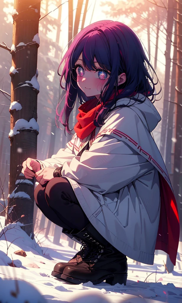 aihoshino, Ai Hoshino, Long Hair, bangs, (Purple eyes:1.1), Purple Hair, (Symbol-shaped pupil:1.5), smile,,smile,blush,White Breath,
Open your mouth,snow,Ground bonfire, Outdoor, boots, snowing, From the side, wood, suitcase, Cape, Blurred, , forest, White handbag, nature,  Squat, Mouth closed, Cape, winter, Written boundary depth, Black shoes, red Cape break looking at viewer, Upper Body, whole body, break Outdoor, forest, nature, break (masterpiece:1.2), Highest quality, High resolution, unity 8k wallpaper, (shape:0.8), (Beautiful and beautiful eyes:1.6), Highly detailed face, Perfect lighting, Extremely detailed CG, (Perfect hands, Perfect Anatomy),