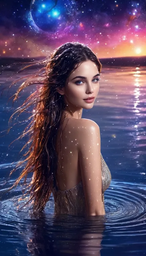 Most beautiful attractive Sexiest  bohemian  , long wet hair, wet body, wet wet wet, wet lips,,  colorful scene, , enjoying  bar...