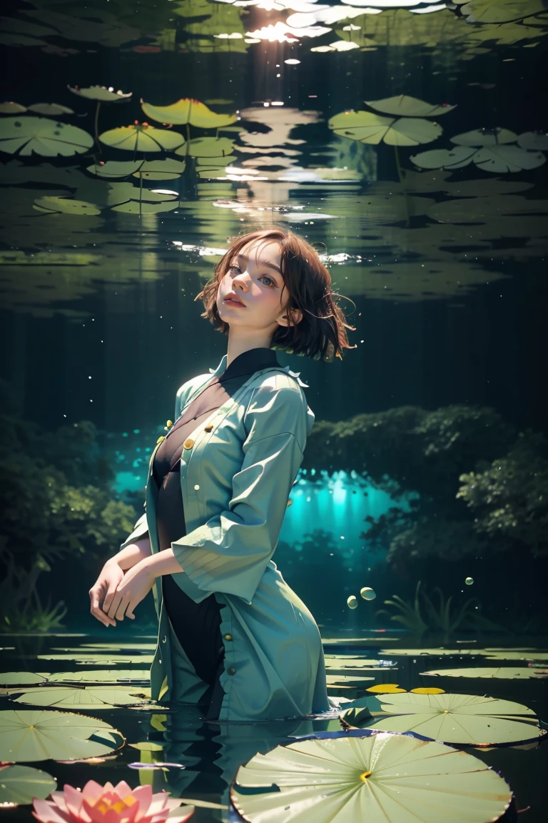 a woman 在池塘邊 with lily pads 水下, 在池塘邊, standing 在池塘邊, 漂浮進入強大的禪宗狀態, nymph 水下, 坐在倒影池裡, floathing underwater 在湖边, 坐在池塘邊, 水深及肩, 頭髮浮在水里, 在湖边, 水下