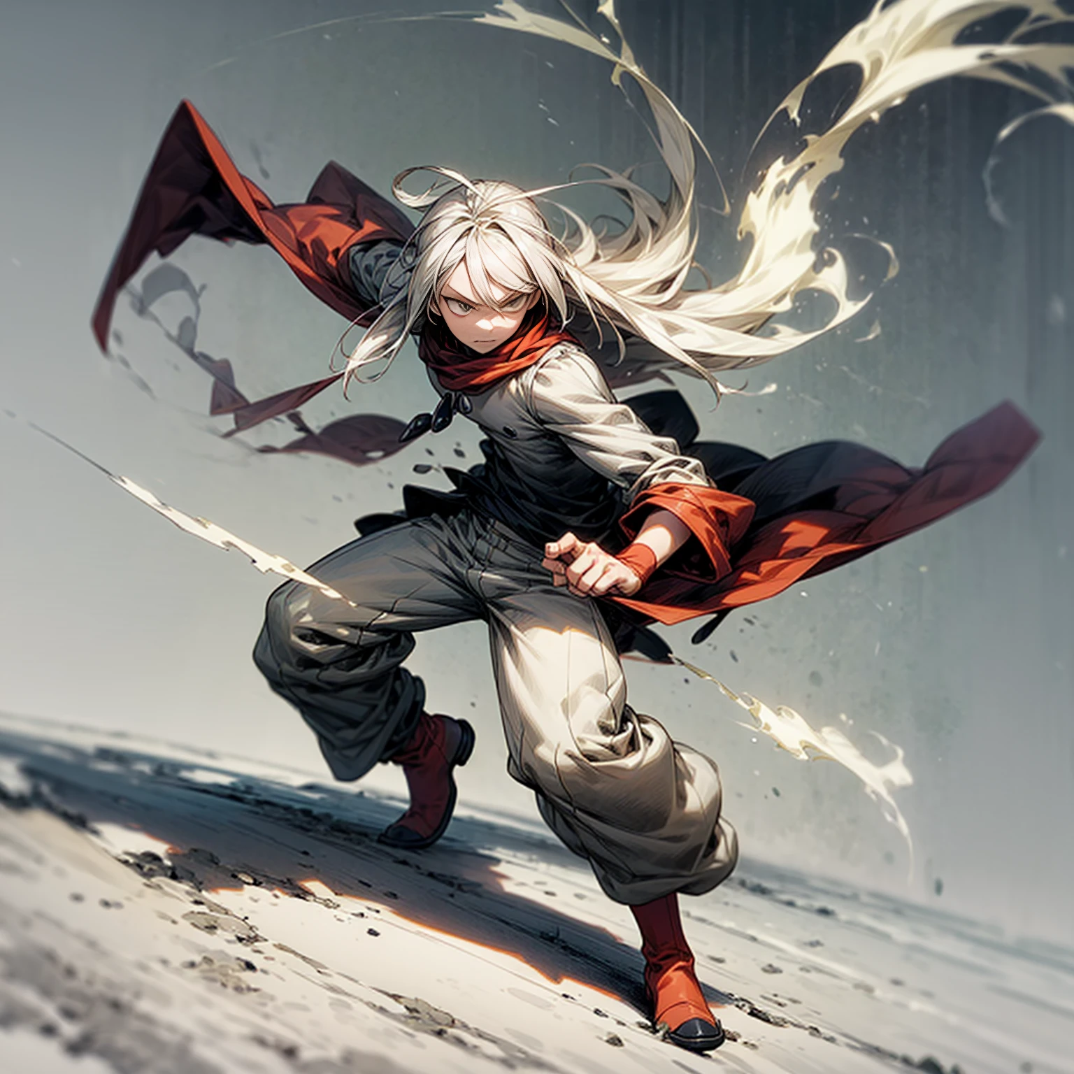 1little boy, Full body version, 1character, green eyes color, milk skin, long hairstyle, gray colour hair, muscle, minimalisty style clothing, red pegged pants, boots, Grassroots background in field snow, motion blur, (one piece style art), smoke, shadow, battle gesture, lighting fire, 