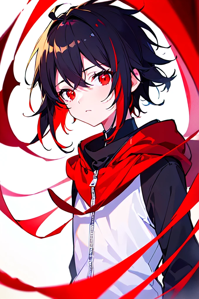 [(WHITE BACKGROUND:1.5),::5], ((((masterpiece)))), high quality, ultra very high resolution, full color, (((solo))), ((little boy)), black hair, ((red streaked hair)), (red eyes), anime, ((upper body)), neon light, black parka, 