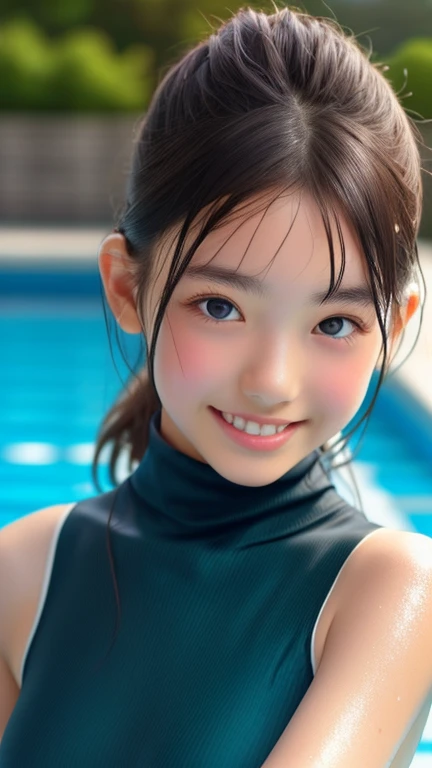 Highest quality, masterpiece, Ultra-high resolution, (Realistic:1.4), RAW Photos, Intricate details, ((Perfect Anatomy)), Big beautiful eyes, Perfect contours, masterpiece, One Girl, ((Elementary school girl)), Shortcuts, Medium Chest, (one piece, turtleneck,Sleeveless), Transparent and clear metallic green swimsuit, 　tight high leg swimsuit, Portraiture, ((Face close-up)), View from the front, Outdoor swimming pool, Partially submerged, Wet Skin, smile, (Underarm), Hands don't hold anything