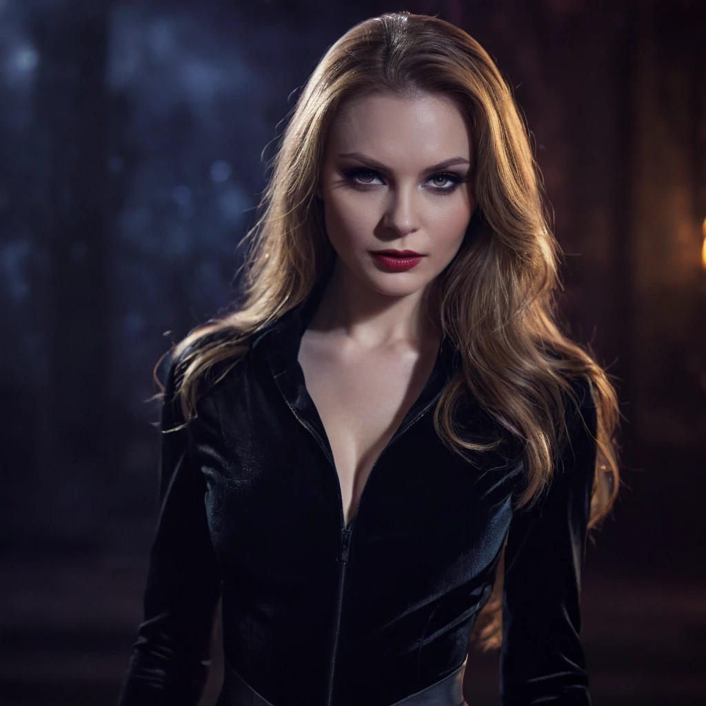 beautiful evil slavic woman, pale skin, long dark blond hair, Photo, Halloween Skin - Catwoman, in club, velvet black suit, whole body, Sharp Focus, dynamic sexy pose, helios 44-2, swirling bokeh, Sharp Focus, Студийное Photo, complex parts, high detail, sharpness, character portrait, perfect lighting, masterpiece, Detailed backstory, Cinematic lighting, 8 k, ultra detailed, hyperrealism, masterpiece, perfectly focused, f/22, symmetry and balance, artistic, infrared photography, outstanding details,