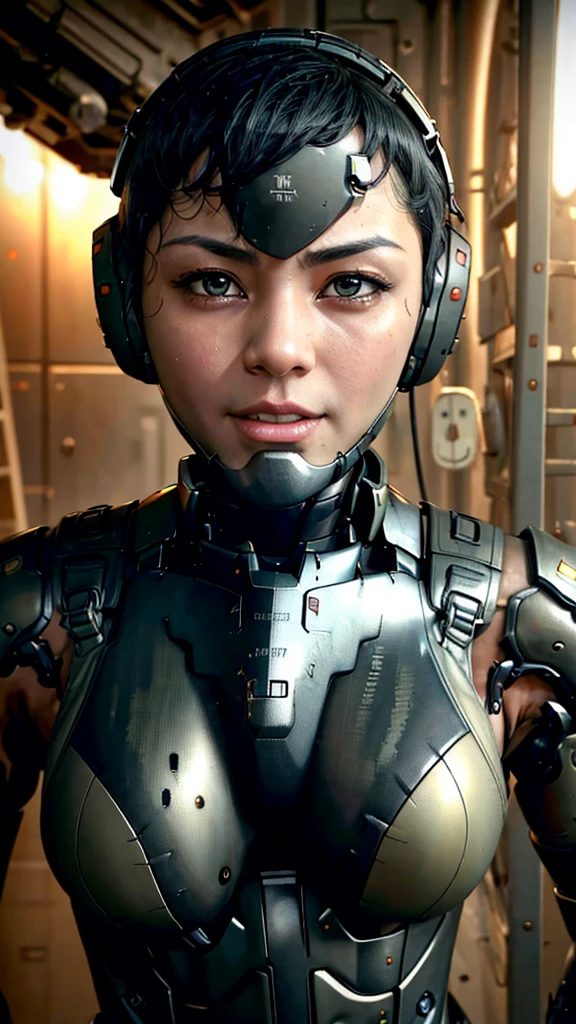 Textured skin, Very detailed, Attention to detail, high quality, 最high quality, High resolution, 1080P, hard disk, beautiful,(War Machine),beautifulサイボーグ女性,Mecha Cyborg Girl,Battle Mode,Girl with a mechanical body　Black Hair　Short Hair Boyish　Dark green armor　Sweaty and wet face　The change is over　Met Off　Steam coming from the head　Steam coming out of the whole body　Painful expression　Please open your mouth wide　Snug-fitting headgear　Black Inner Suit　Full body portrait　from the front