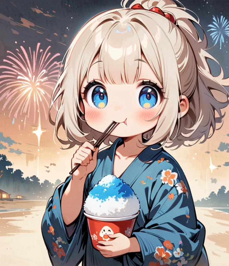 trage einen Yukata、Feuerwerk im Hintergrund、Rasiertes Eis essen、Charakterdesign im Cartoon-Stil，1 Mädchen, allein，große Augen，süßer Ausdruck、interessant，interessant，Klare Linien