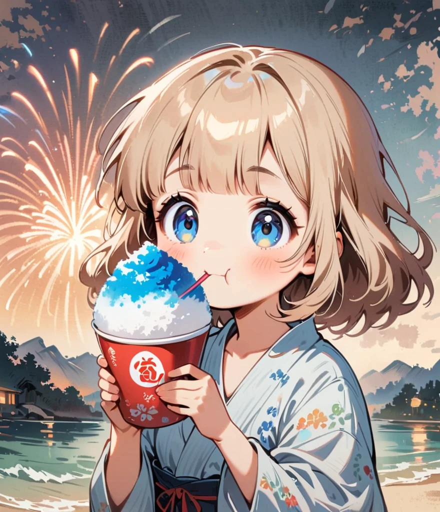 Wear a yukata、Fireworks in the background、Eating shaved ice、Cartoon style character design，1 Girl, alone，Big eyes，Cute expression、interesting，interesting，Clean Lines