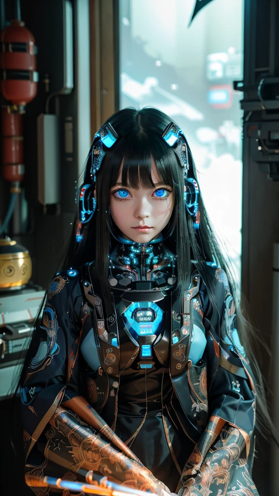 Ultra-detailed, master piece, best quality, high resolution,  detailed eyes, detailed face, (Neo Tokyo:1.5), (Cyberpunk:1.5), (Fusion with Machine:1.5), 12 years old, very pretty and beautiful, girl with mysterious atmosphere, ghost,  in appearance, graceful in traditional Japanese costume and design, (beautiful light blue eyes:1.5), (light blue plasma around her:1.5), bio-mechanical, traditional Japanese room with elegance, long black hair, bangs, face, hands, design and (light blue plasma surrounds), biomechanical, Japanese traditional noble Japanese room, long black hair, bangs, face, hands, designs and decorations are detailed and clearly drawn, ultra realistic and realistic image with super high resolution