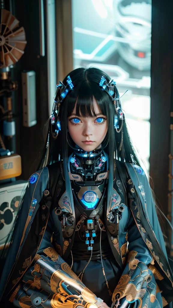 Ultra-detailed, master piece, best quality, high resolution,  detailed eyes, detailed face, (Neo Tokyo:1.5), (Cyberpunk:1.5), (Fusion with Machine:1.5), 12 years old, very pretty and beautiful, girl with mysterious atmosphere, ghost,  in appearance, graceful in traditional Japanese costume and design, (beautiful light blue eyes:1.5), (light blue plasma around her:1.5), bio-mechanical, traditional Japanese room with elegance, long black hair, bangs, face, hands, design and (light blue plasma surrounds), biomechanical, Japanese traditional noble Japanese room, long black hair, bangs, face, hands, designs and decorations are detailed and clearly drawn, ultra realistic and realistic image with super high resolution