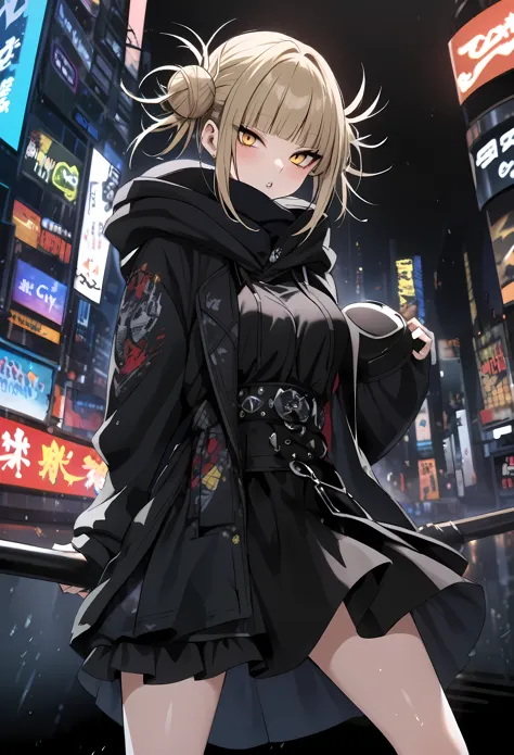 himiko toga、wearing a black hood、rainy dark night city、