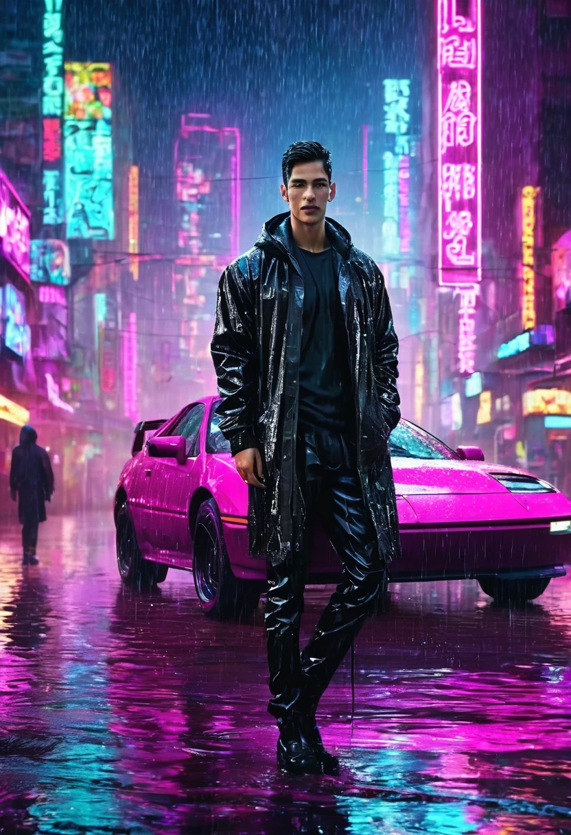 (Masterpiece, Best Quality, high resolution, fondo de pantalla de unidad 32k, Extremely detailed CG:1), (weak illustration on stage:1.0), ((1 young handsome man:1.55 by cyberpunk:1.5 )),(( cyberpunk night city:1.4)), neon signs futuristic cars,dark place rain, ((wet clothes magenta neon lights illuminating the young man perfectly:1.45) . 32k