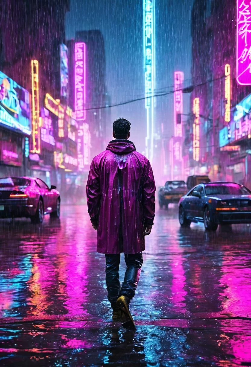 (Masterpiece, Best Quality, high resolution, fondo de pantalla de unidad 32k, Extremely detailed CG:1), (weak illustration on stage:1.0), ((1 young handsome man:1.55 by cyberpunk:1.5 )),(( cyberpunk night city:1.4)), neon signs futuristic cars,dark place rain, ((wet clothes magenta neon lights illuminating the young man perfectly:1.45) . 32k