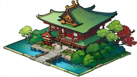 a cartoon image of a chinese building with a pond and trees, game image, japanese temples, japanese cities, a japanese town, ins...