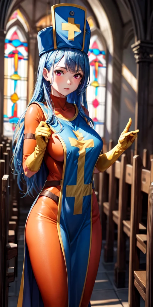 masterpiece, best quality, 4k, 8k, priest \(dq3\), 1girl, solo, long hair, blue hair, red eyes, mitre, tabard, cross print, orange bodysuit, elbow gloves, large breasts, praying, church, Stained glass, holylight, cowboy shot, from front, look at viewer, standing