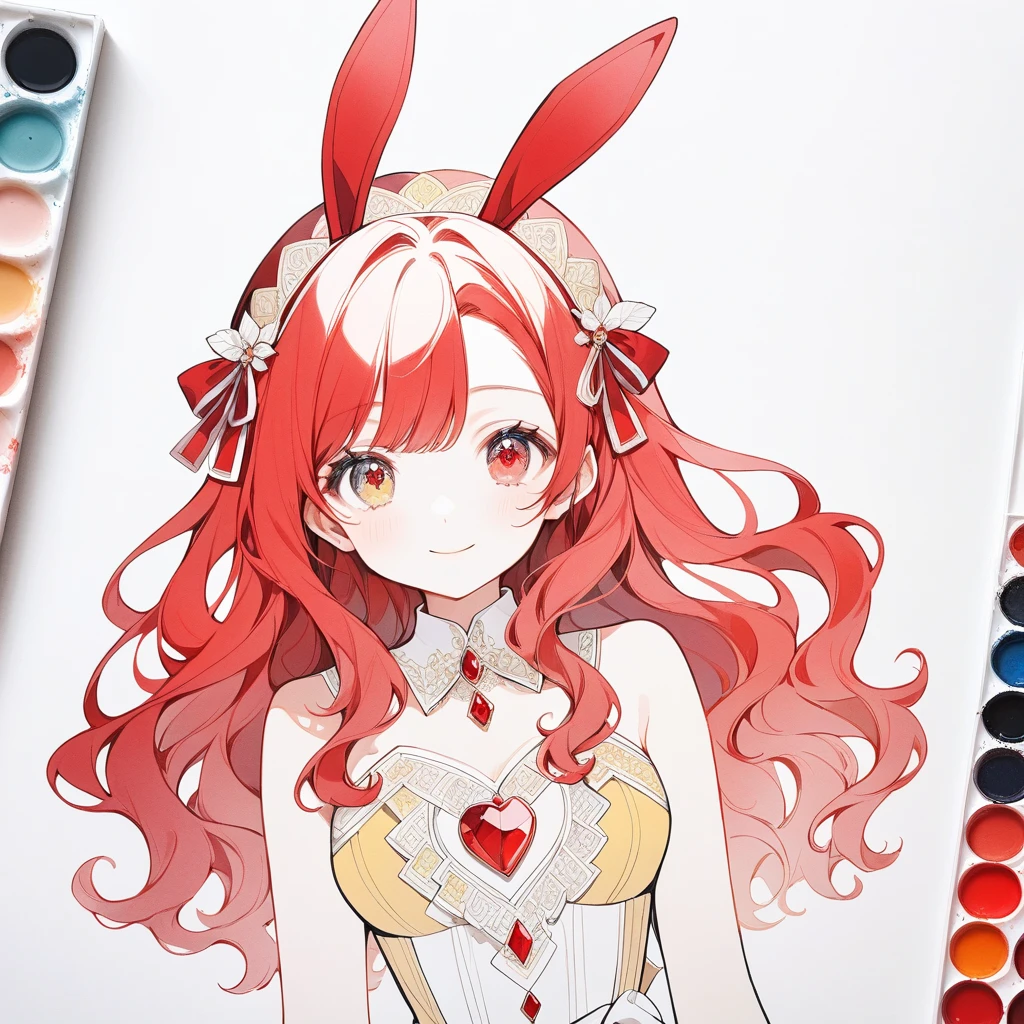 1人のgirl, Long Hair, pastel colour, Portraiture, Medium Chest, Line art, Simple Background, (watercolor:0.5)、透明watercolor, girl, Gemstone Eyes, Beautiful arrangements and motifs, Depth of the Boundary, Flat avatar, one girl, smile, Bright redhead (head: Bunny ears, Wavy Hair), Stylish design with red rabbit ears (Red-white), White Background, high quality Gemstone Eyes, Sparkling, Pop Art, Line art, Anthropomorphic apple, Red gradient, Red eyes, Yellow or white hair, A dress with an intricate design, a dress with an apple pattern, yellow fabric, a millefeuille dress made of red fabric, layered dresses, dangling white gloves, red ribbons, cute ribbons