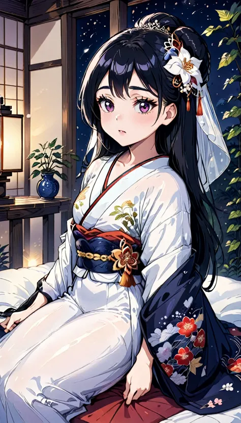 a beautiful 15-year-old princess from the sengoku period with long black hair　gorgeous embroidery, ultra glossy, she is wearing ...