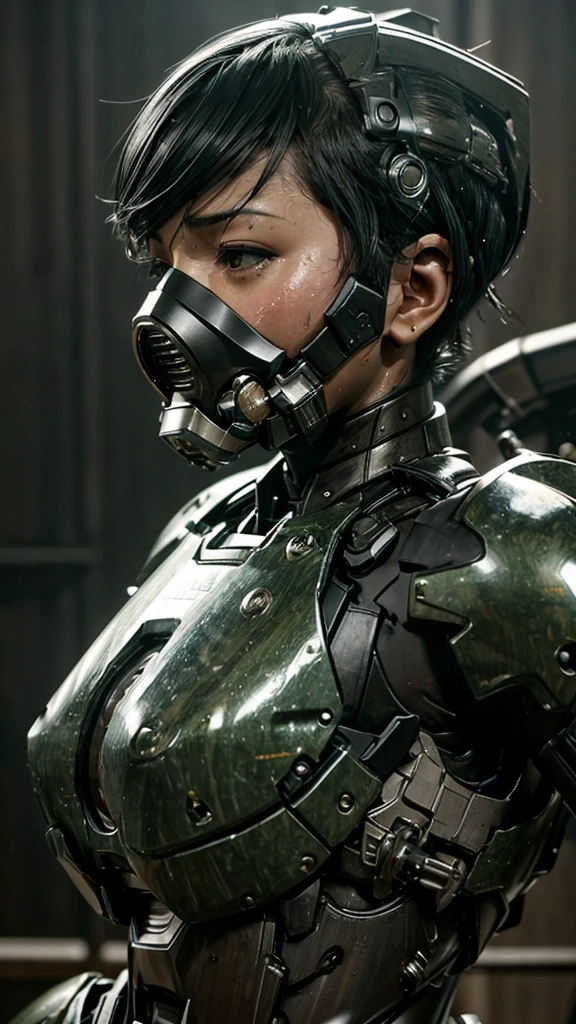 Textured skin, Very detailed, Attention to detail, high quality, 最high quality, High resolution, 1080P, hard disk, beautiful,(War Machine),Beautiful cyborg woman,Mecha cyborg girl,Battle Mode,Girl with a mechanical body　Black Hair　Short Hair Boyish　Dark green armor　Sweaty and wet face　Change is over　Met Off　Steam coming out of the head　Steam coming out of the whole body　Painful expression　Please open your mouth wide　Snug-fitting headgear　Black inner suit　Full body portrait　Gas mask with long nozzle from the front