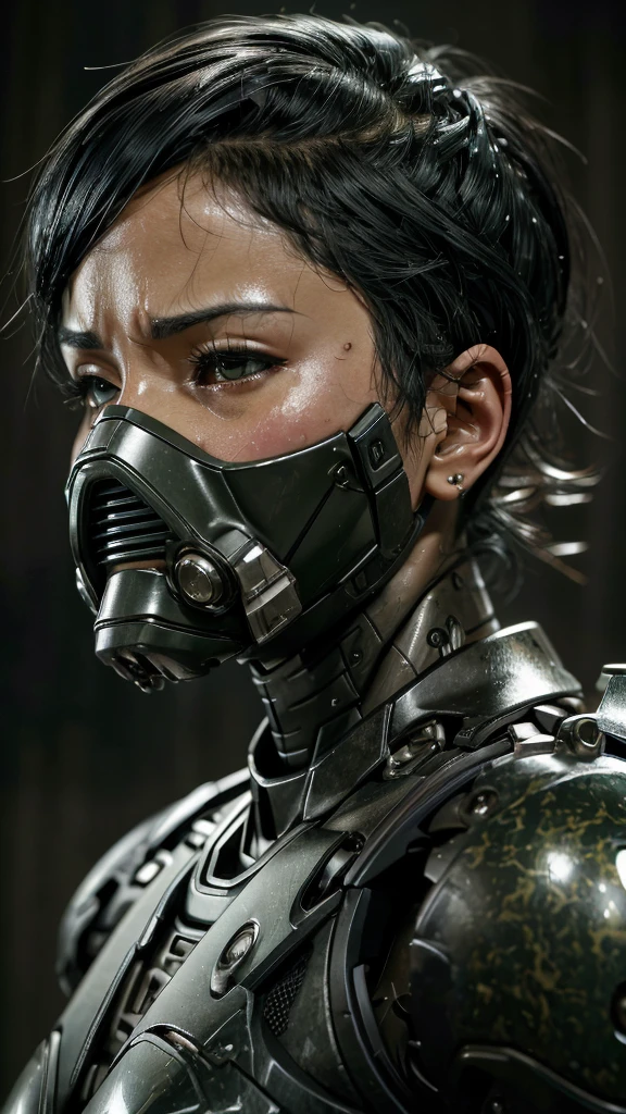 Textured skin, Very detailed, Attention to detail, high quality, 最high quality, High resolution, 1080P, hard disk, beautiful,(War Machine),Beautiful cyborg woman,Mecha cyborg girl,Battle Mode,Girl with a mechanical body　Black Hair　Short Hair Boyish　Dark green armor　Sweaty and wet face　Change is over　Met Off　Steam coming out of the head　Steam coming out of the whole body　Painful expression　Please open your mouth wide　Snug-fitting headgear　Black inner suit　Full body portrait　Gas mask with long nozzle from the front