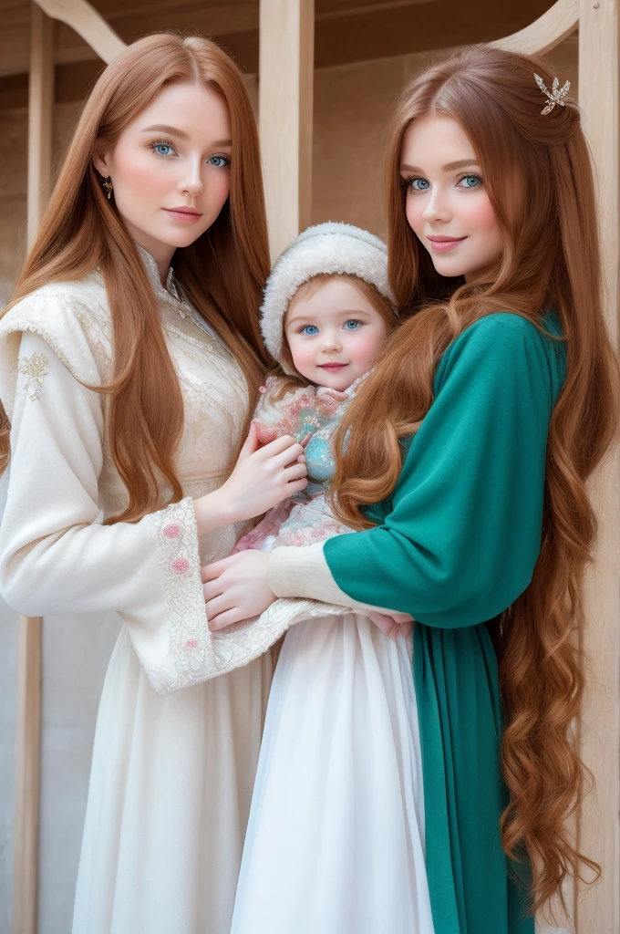 A gorgeous, pretty, shiny, kind-hearted, warm-hearted, sweet, polite, sensitive, friendly, charming, graceful, stylish, classy, alluring, majestic, ethereal, angelical ginger long haired russian woman dressed in traditional folk winter costumes. She's with a little cute girl.