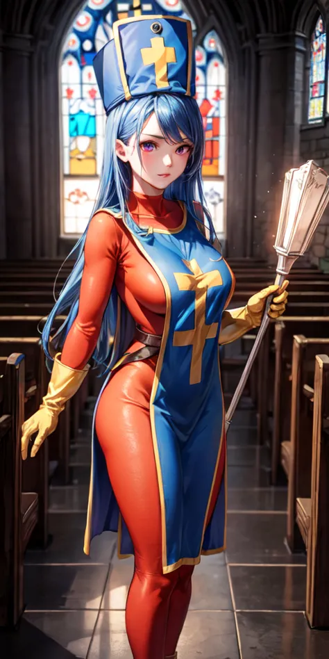 masterpiece, best quality, 4k, 8k, priest \(dq3\), 1girl, solo, long hair, blue hair, red eyes, mitre, tabard, cross print, oran...