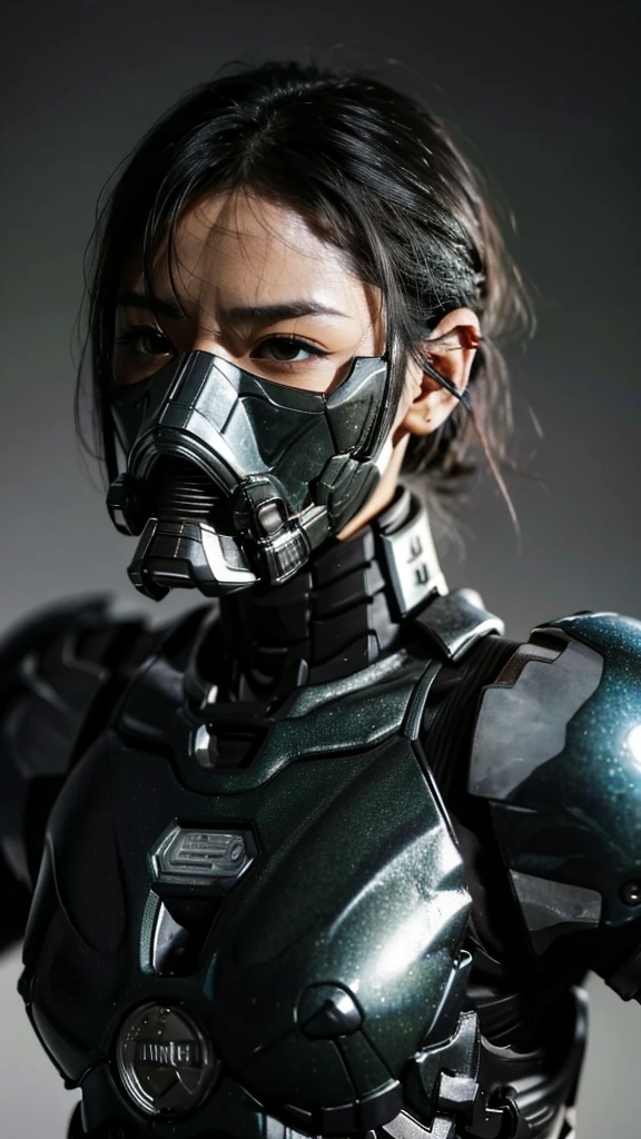 Textured skin, Very detailed, Attention to detail, high quality, 最high quality, High resolution, 1080P, hard disk, beautiful,(War Machine),Beautiful cyborg woman,Mecha cyborg girl,Battle Mode,Girl with a mechanical body　Black Hair　Short Hair Boyish　Dark green armor　Sweaty and wet face　Change is over　Met Off　Steam coming out of the head　Steam coming out of the whole body　Painful expression　Please open your mouth wide　Snug-fitting headgear　Black inner suit　Full body portrait　Gas mask with long nozzle from the front