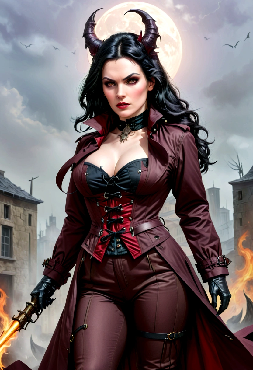 /imagine prompt: 30-year-old European woman with pale white skin, black hair, gray eyes, wearing a long burgundy trench coat, corset, tight pants, and long boots, portraying a demon hunter. Create detailed illustrations capturing her physical features, outfit details, weapon poses, and facial expressions in a variety of dynamic action sequences such as combat, stealth, and agility, Illustration, using a comic book style with bold lines and vibrant colors to emphasize the character's strength and agility, --ar 1:1 --v 5