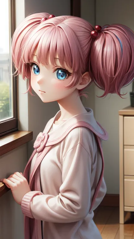 masterpiece, Highest quality, Very detailed, 1 Girl,Twin tails, Pink Hair, hair ornaments,Hair Bobble, blue eyes,indoor,