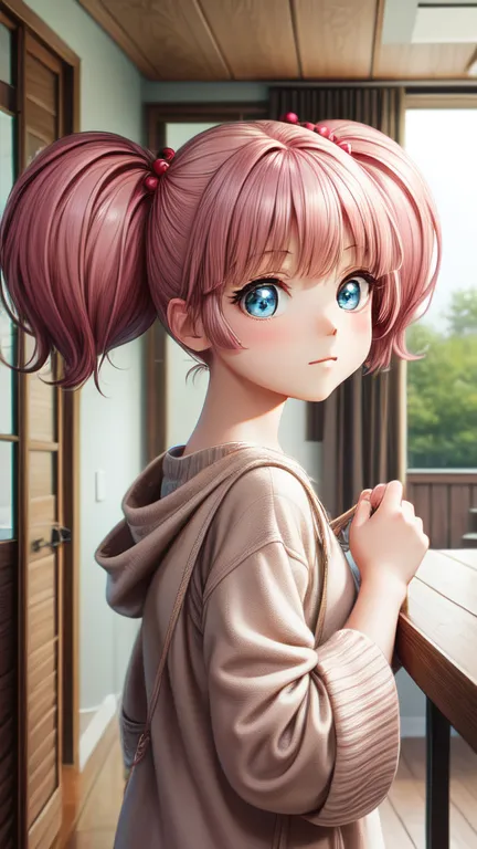 masterpiece, Highest quality, Very detailed, 1 Girl,Twin tails, Pink Hair, hair ornaments,Hair Bobble, blue eyes,indoor,